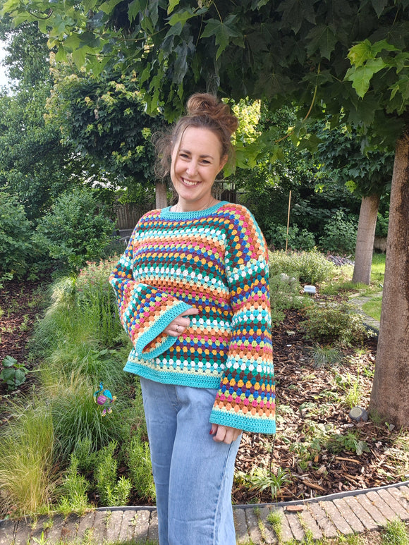 Kleurrijke, oversized, granny stripe trui